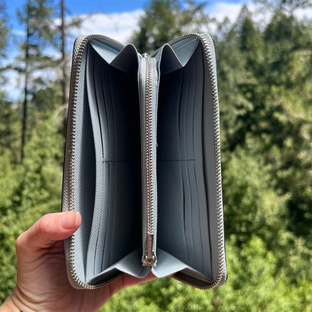 COACH Long Zip-Around Wallet Blue/Gray Pebble Leather Wallet Silver Hardware